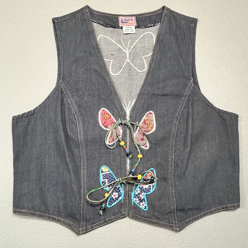 Vtg 70s LAURA Denim Leather Patchwork Butterfly Vest beads and tie accents